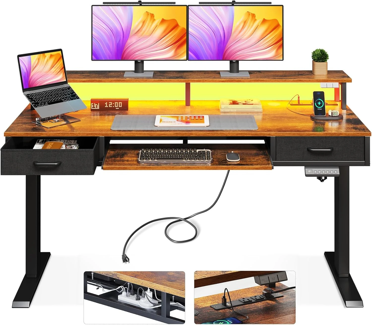 

Electric standing table, drawer and keyboard tray, 55 inch adjustable gaming table, socket and LED lights, bracket