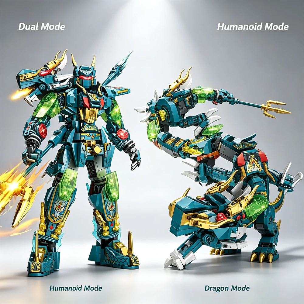 Transforming 2‑in‑1 Dragon Mecha Building Blocks Set, Adult Collectible Assembly Model Kit, Switch Between Humanoid & Dragon For