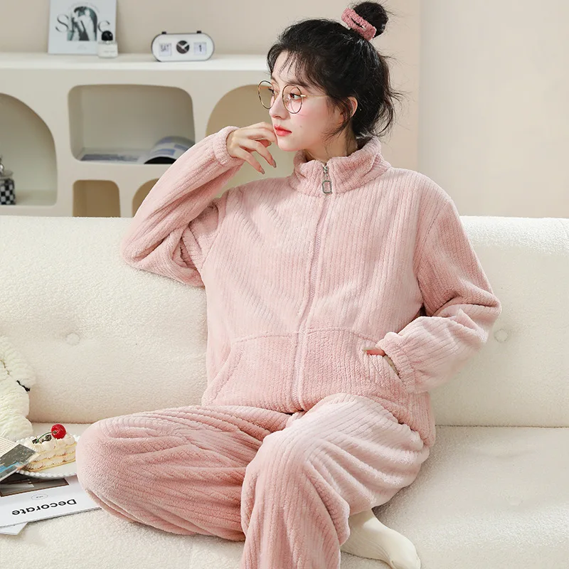 Loose Thickened Warm Home Clothes Sets Flannel Autumn Winter Long Pants Homewear Pajamas