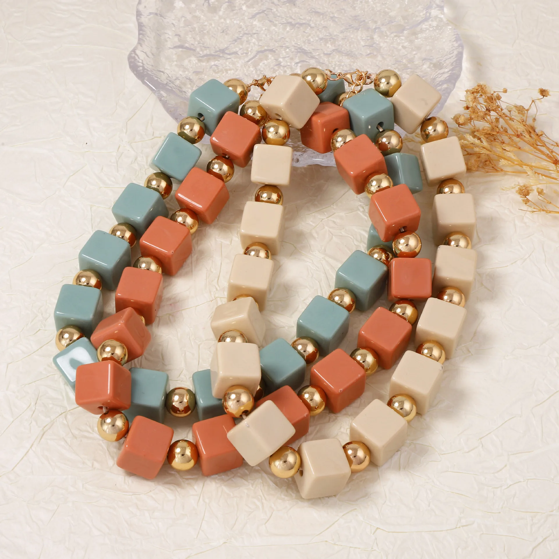 Fashion color square three-dimensional resin multi-layer necklace ethnic style beaded stage with women's jewelry