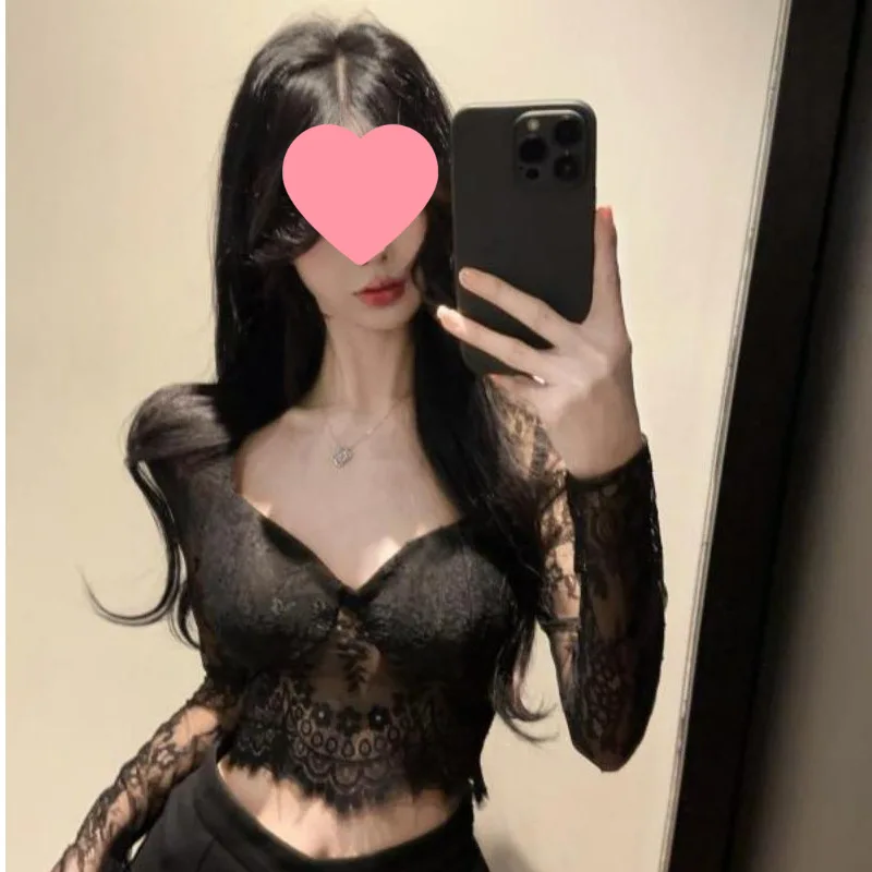 Black Lace Crop Top Women's Slim Fit Long Sleeve Sexy Style Fashionable Inner Pad Autumn Winter New Arrival Chinese Made Ice ...