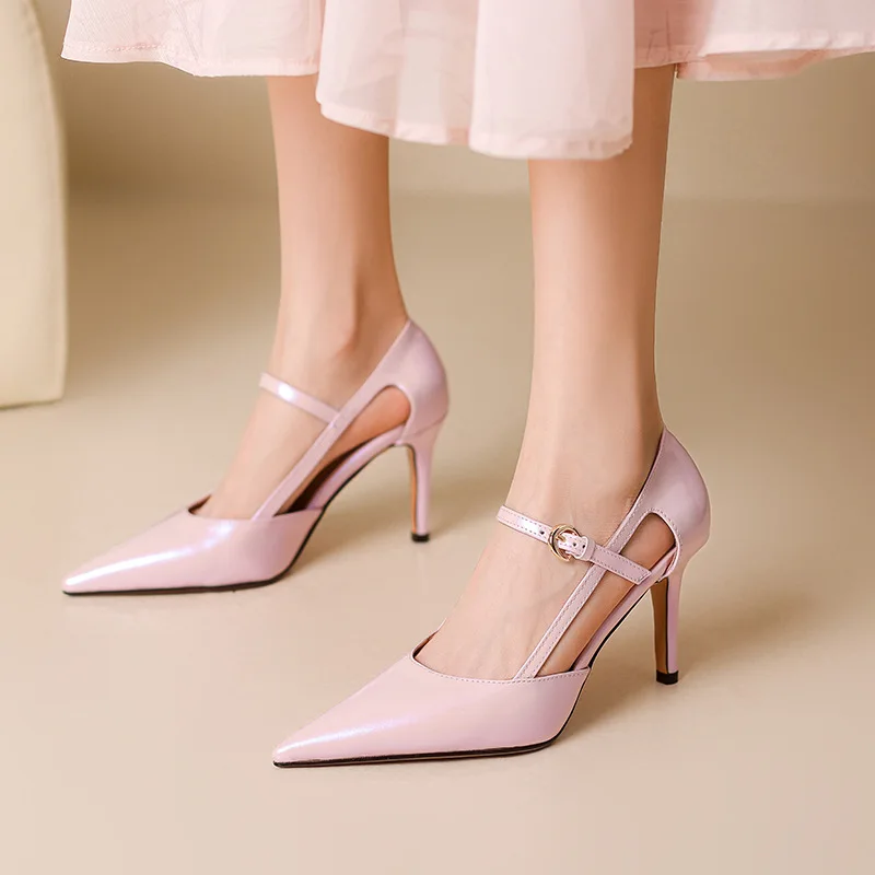 

Розовые полые туфли-лодочки с поляризацией сзади, сандалии на шпильке с острым носком и пряжкой, пикантная женская обувь на высоком каблуке Sandalias Mujer Verano