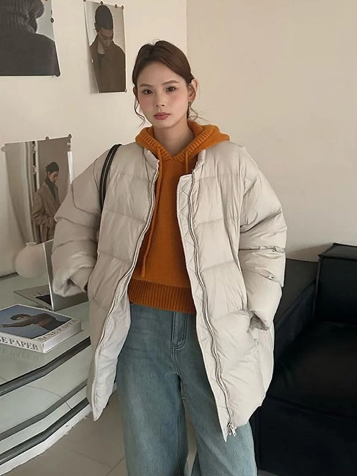 

Korean Style Women's Winter Cotton Jacket Bread Coat Long Loose Warm Stand Collar Mid-Length Outerwear Thickened Long Sleeve