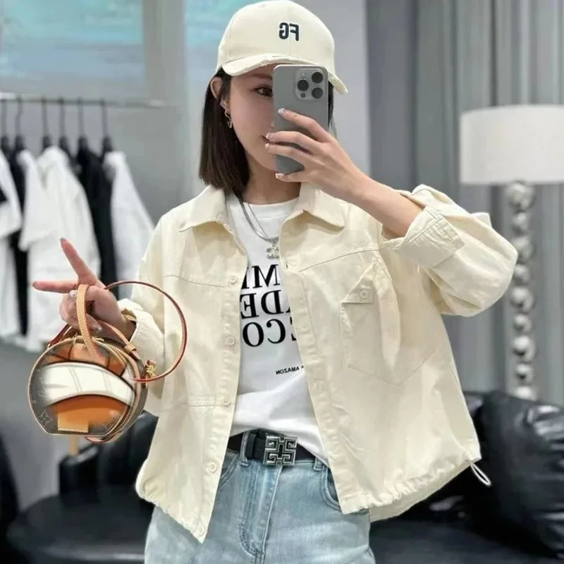 

Design Sense Women's Thin Coat Spring 2025 Korean Female Long-Sleeved Shirt Short Jacket Loose Square Collar With Short Outwear