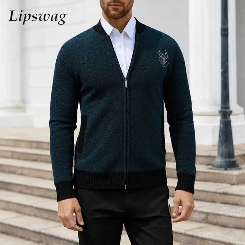 

Classic Patchwork Knitted Sweatercoats Mens Casual Slim Fit Long Sleeve Knit Cardigans Men Fall Winter Thick Warm Sweater Jacket