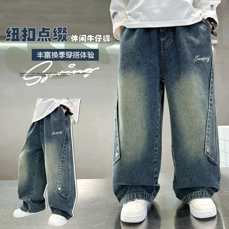 

Новые детские джинсы-карго с широкими штанинами для мальчиков-подростков, весна-осень, модель A78