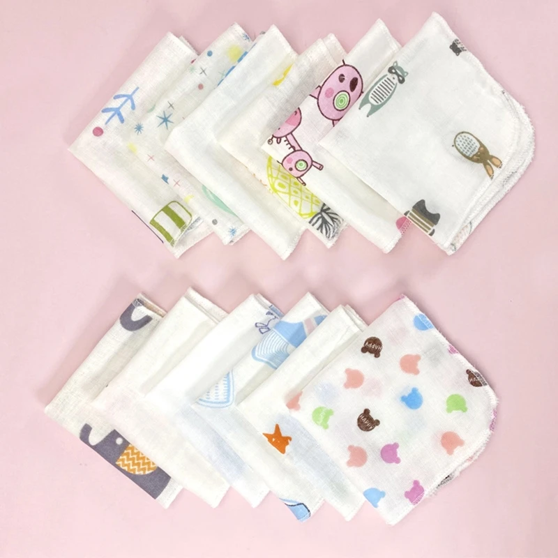 10Pcs Baby Washcloths Cartoon Cute Print Double Layer Gauze Infant Face Towel Absorbent Square Burp Cloths Handkerchief Random