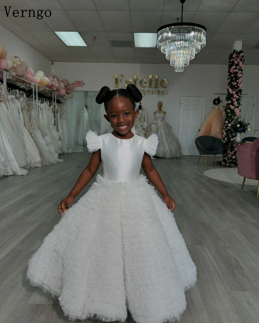 Verngo lvory Tulle Flower Girl Dress Puff Short Sleeves A Line Tiered Birthday Party Dress Kid Ball Gown Wedding Customized