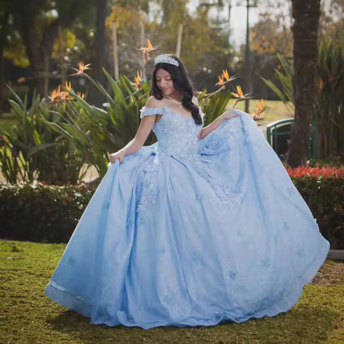 Vestidos de quinceañera azul cielo, vestido de baile con apliques de tul, Vestidos de flores 3D, fiesta de 15 cumpleaños, vestido de princesa dulce 16