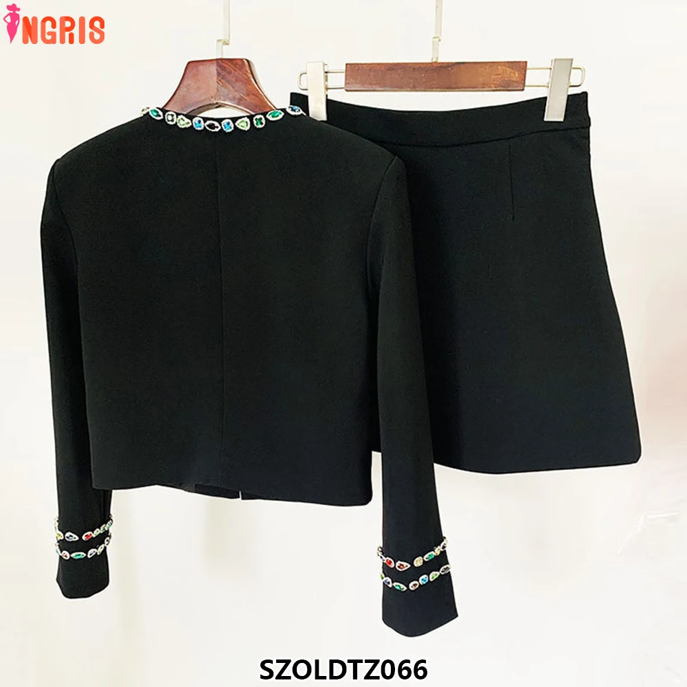 أسود فاخر كريستال السترة تنورة حجر الراين الماس مثير حزب الربيع البدلة-SZOLDTZ066 #3