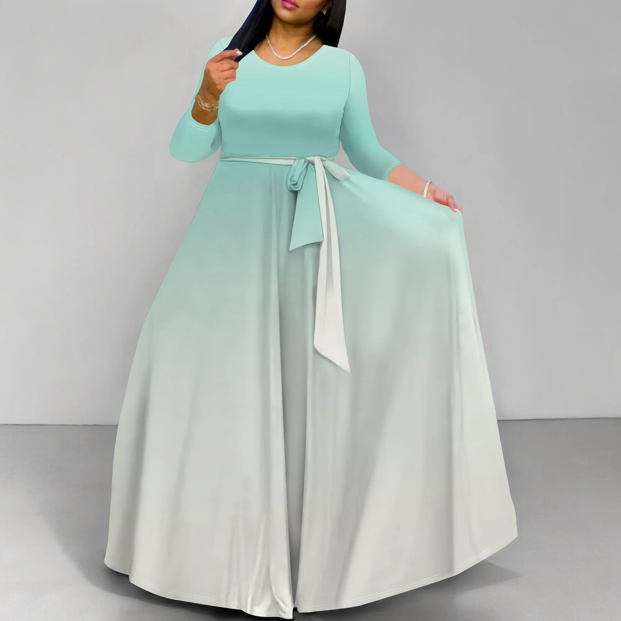 Plus Size Dresses for Curvy Women Sexy Long Sleeve Round Neck Wrap Floor Length Maxi Sundress with Belt Maxi Dress