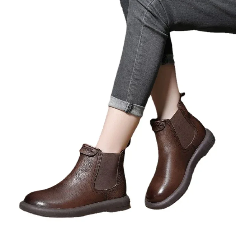 Retro Genuine Cow Leather Chelsea Boots for Women Shoes Elastic Band Ankle Boot Casual Chic Platform Non-slip Winter Short Boot