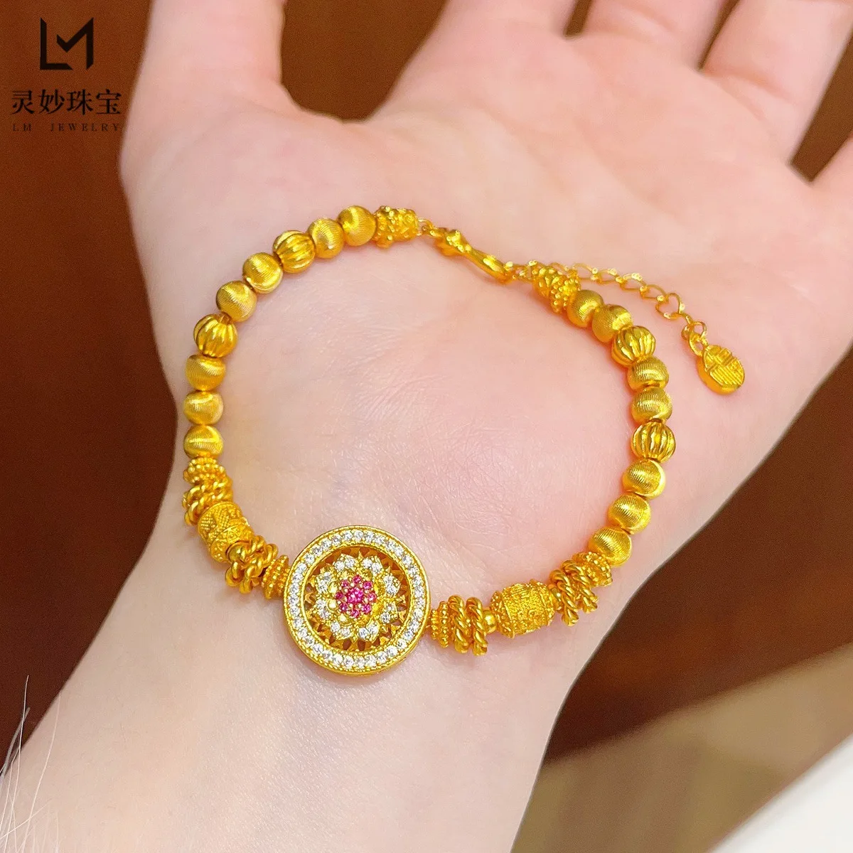 New Chinese style ancient method 24K real gold diamond lotus rotatable compass cat's eye 9999 bracelet twist coiled transfer