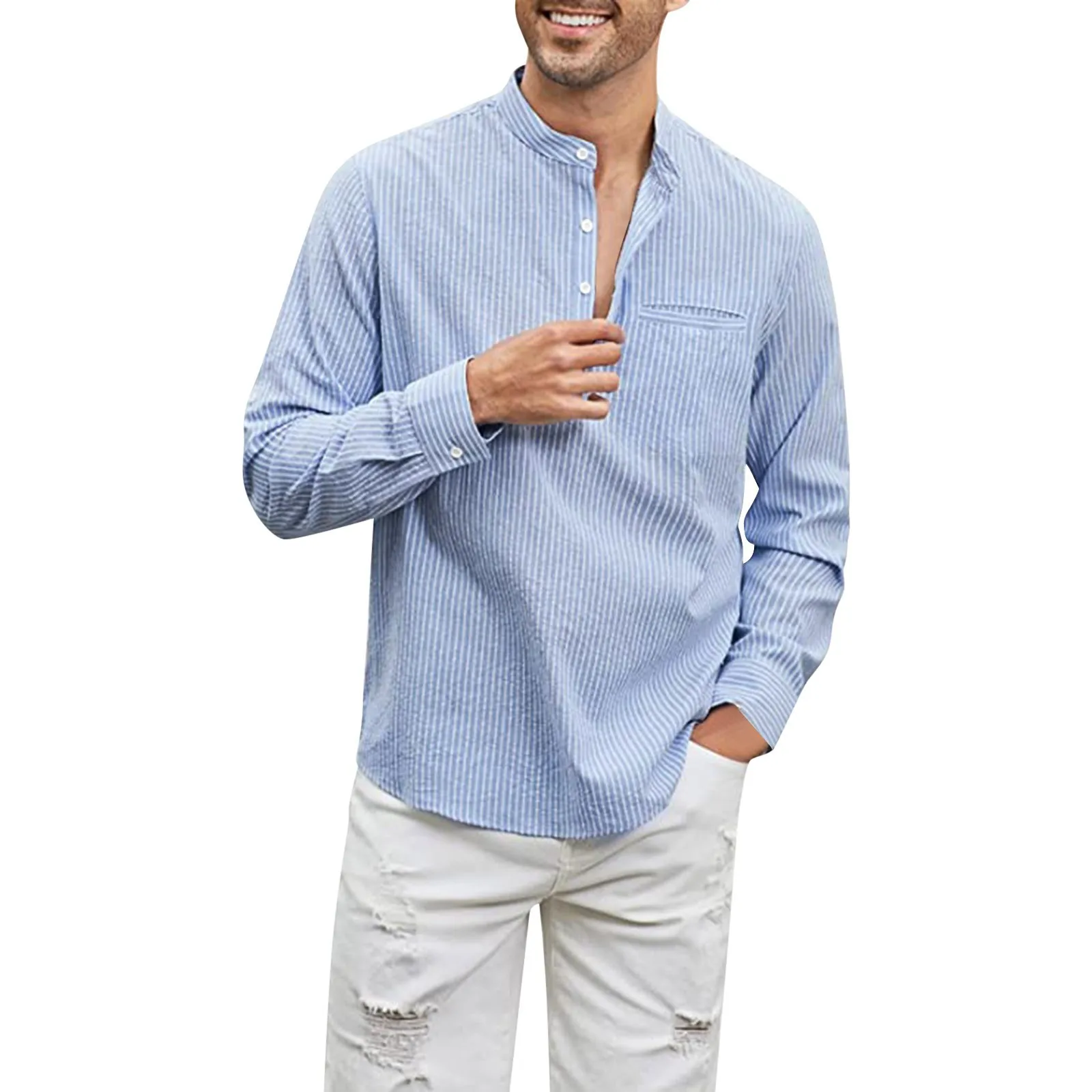 

Cotton Linen Hot Sale Men's Long-Sleeved Shirts Spring Autumn Solid Color Stand-Up Collar Casual Beach Style Plus Size S-5XL