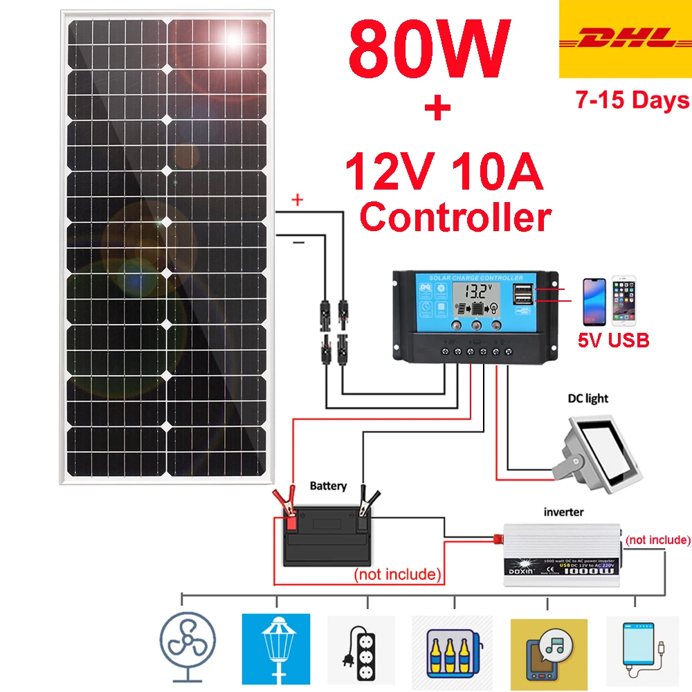 80w 12v solar panel kit rigid monocrystalline cell car boat camper battery charger home system travel 1000w 220v 810*360mm