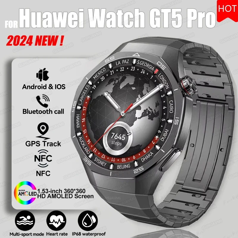 2024 Новые умные часы Huawei Watch GT5 Pro с HD AMOLED-экраном NFC GPS-трекер Bluetooth-вызов для здоровья Водонепроницаемые умные часы для мужчин и женщин