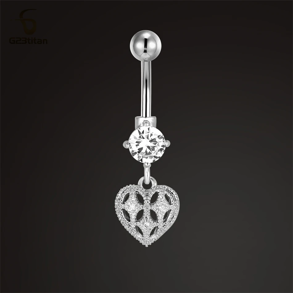 Silver Plated Navel Rings Hollow Heart Belly Button Piercing Earring 14G 10mm Titanium Barbell Body Jewelry Women Summer Jewels