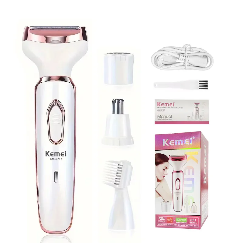 Kemei KM-6713 4 In 1 Electric Lady Shaver Armpit Bikini Arm Leg Face Mustache Removal Painless Cordless Trimmer Razor Gift Women