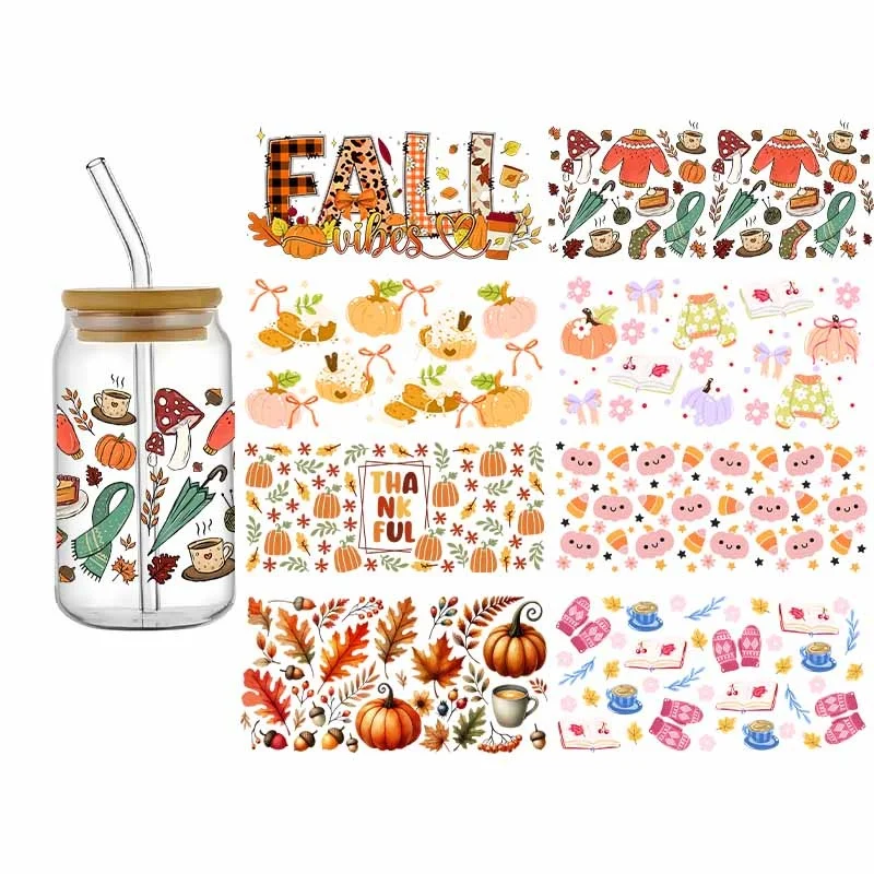 3D UV DTF Fall Design Wraps Cup Transfer Sticker Cartoon Pumpkin Fallen Leaves Series Decals DIY Retro Thanksgiving Day