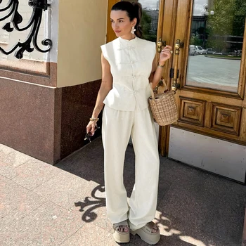 Linad Vintage Khaki Cotton Linen Trousers Suit 2026 Casual High Waist Long Pants And…