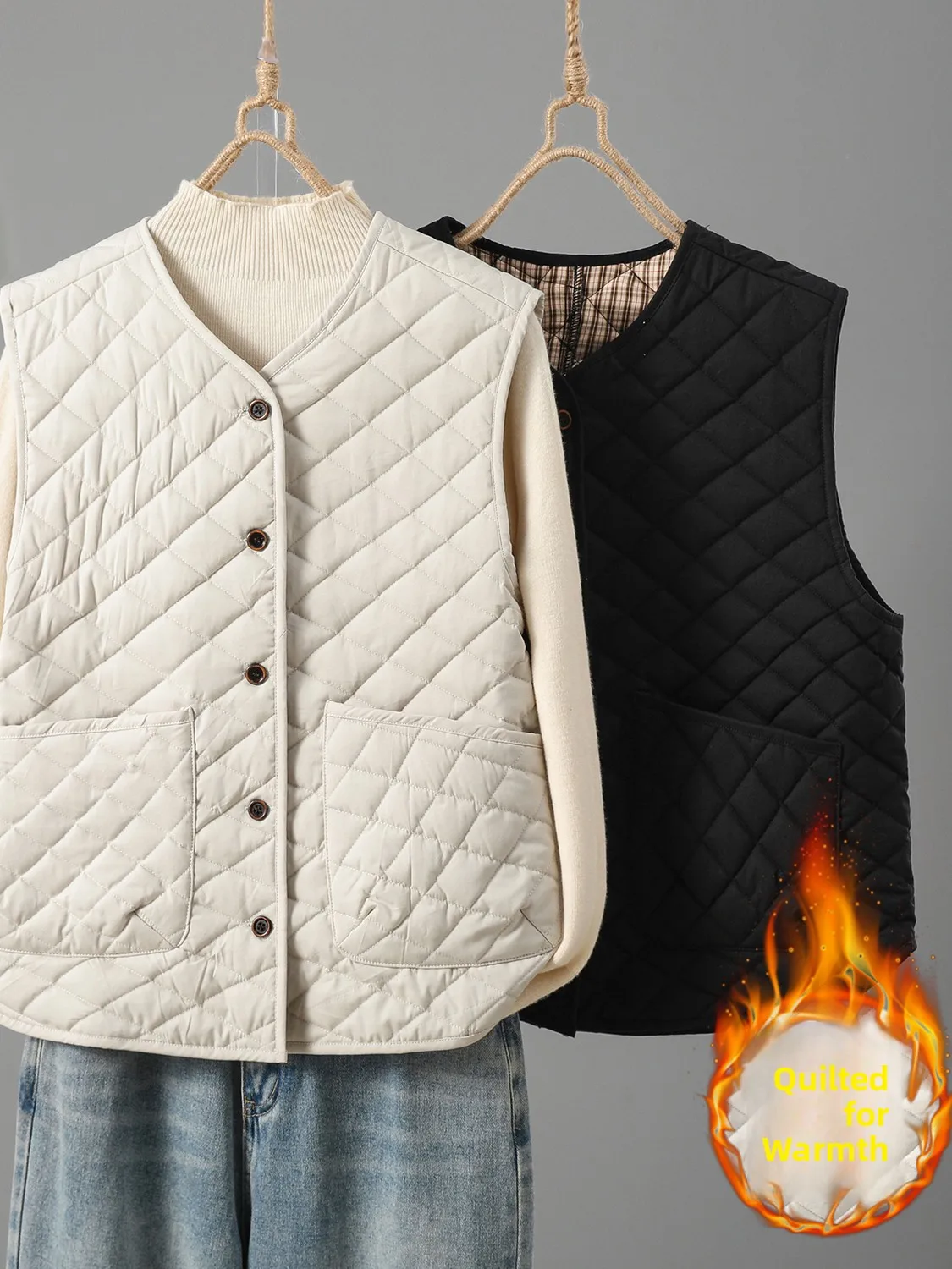 

High-End Retro Cotton Vest Large Size Outerwear No-Sve Warmth Layering Casual Sle Bulkier Fabric round Ne Single Button