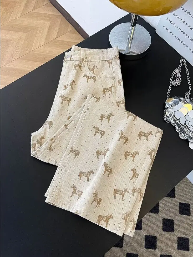 Khaki Color  Print Wide Leg Jeans Women's Loose Fit Slim Straight Cut Trousers Autumn New Design Casual Comfortable Jeans