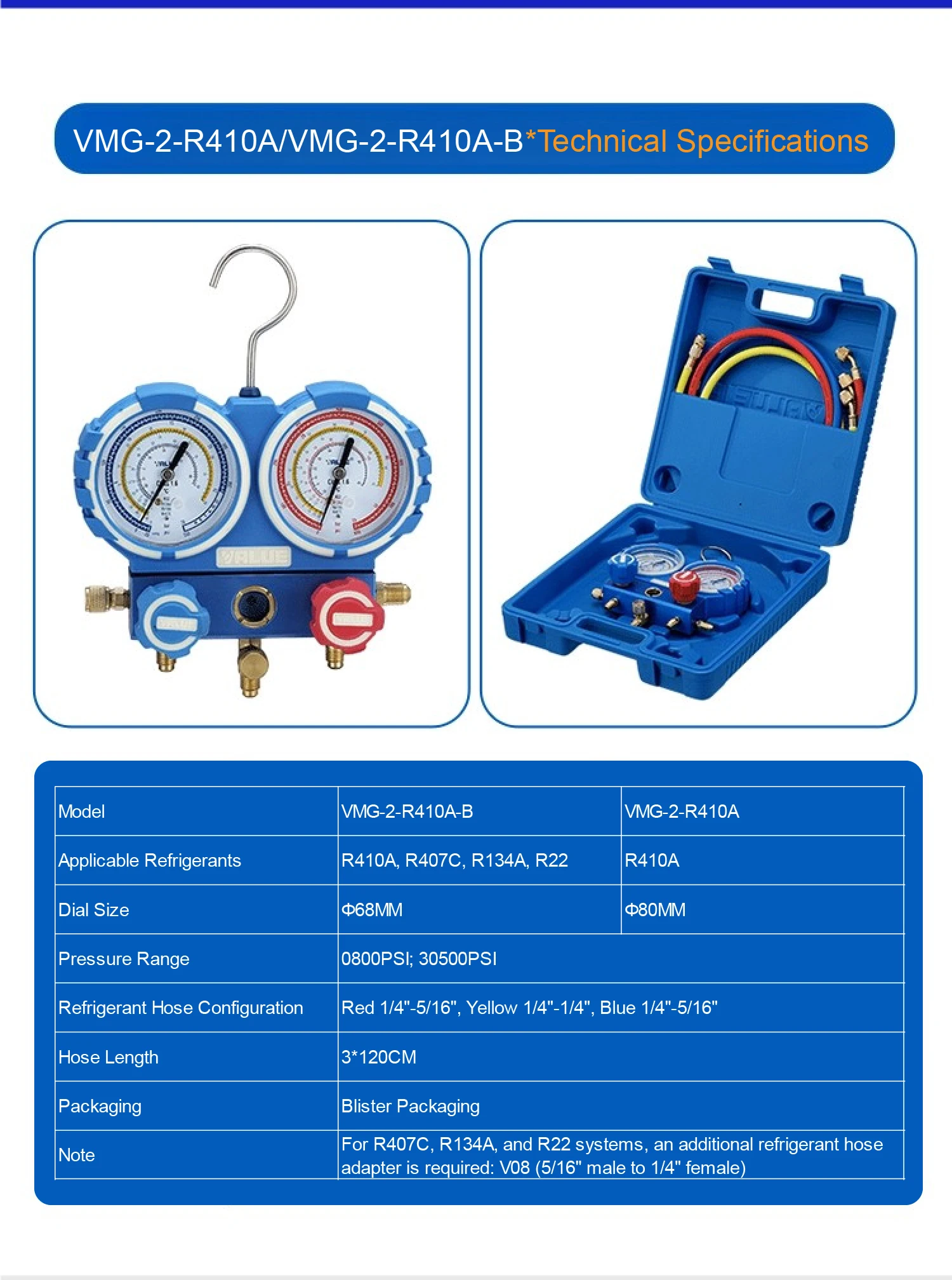 VMG-2 Dual Gauge Manifold Set HVAC AC Refrigerant Tool 68mm Dial High Low Pressure Metal Valve  R410A R134A R22