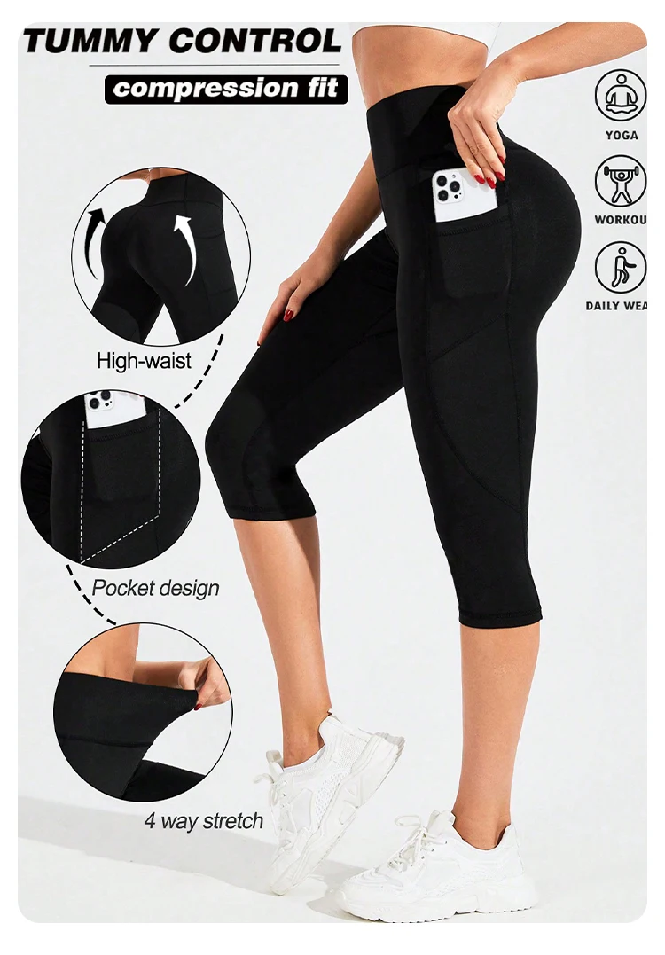 High Waisted Capri Pants for Women with Pockets Tummy Control No See Through Workout Running Yoga Athletic Push Up Gym Leggings