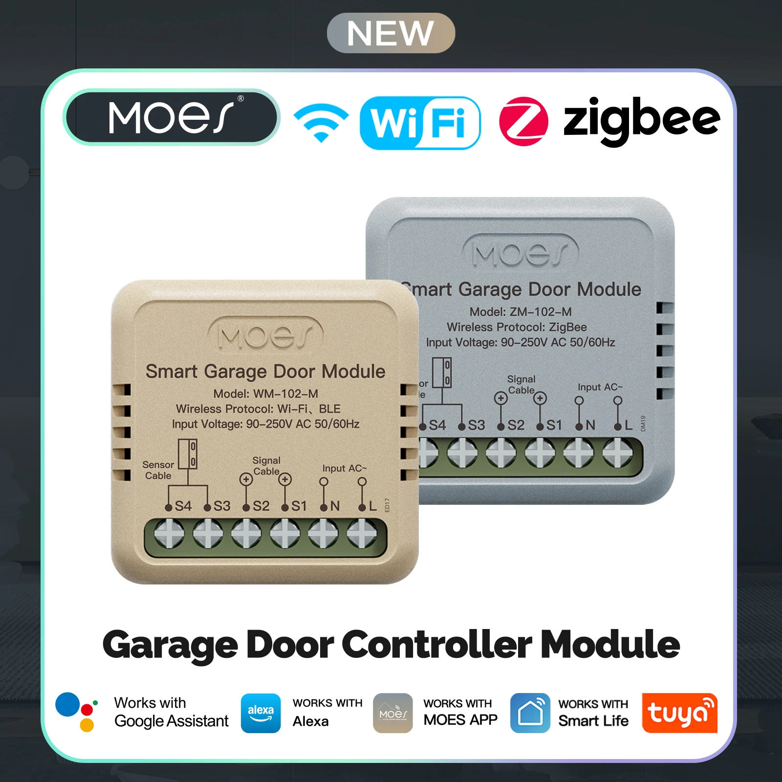

MOES Tuya WiFi/Zigbee Garage Door Controller Module, Smart App Remote Garage Door Opener, Works with Alexa & Google Home