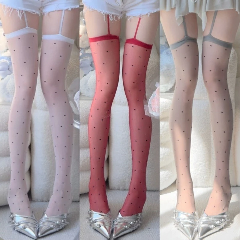 Neue Modische Gepunktete Sexy Schlanke Overknee-Strümpfe Lolita Niedliche Strapsstrümpfe Damen Sommer Dünne Nylon Strumpfhosen mit Strapsen