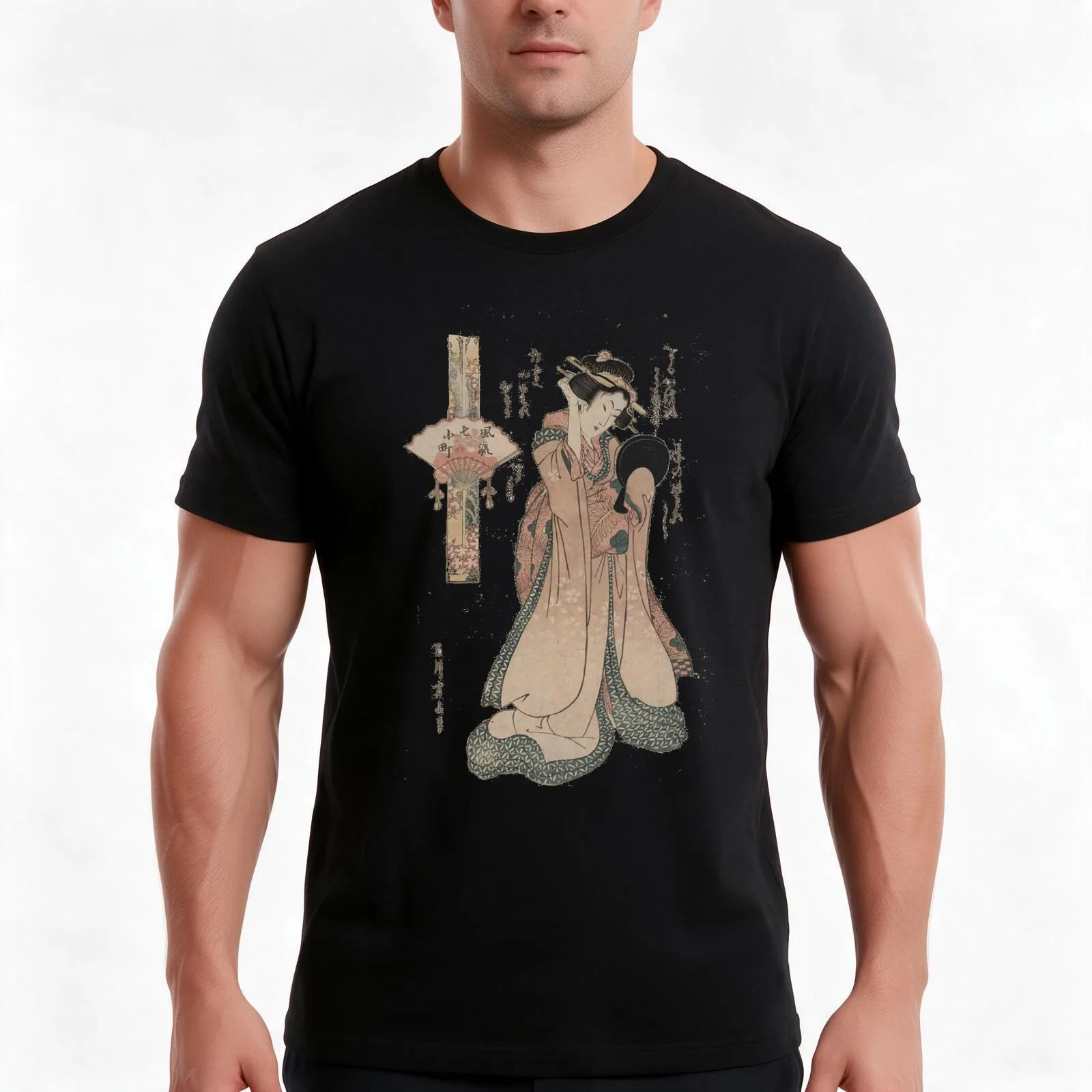 Vintage geisha with fan illustration T-Shirt, Summer Casual Cotton Tee, Oversized Streetwear Tops, Vintage Graphic Print