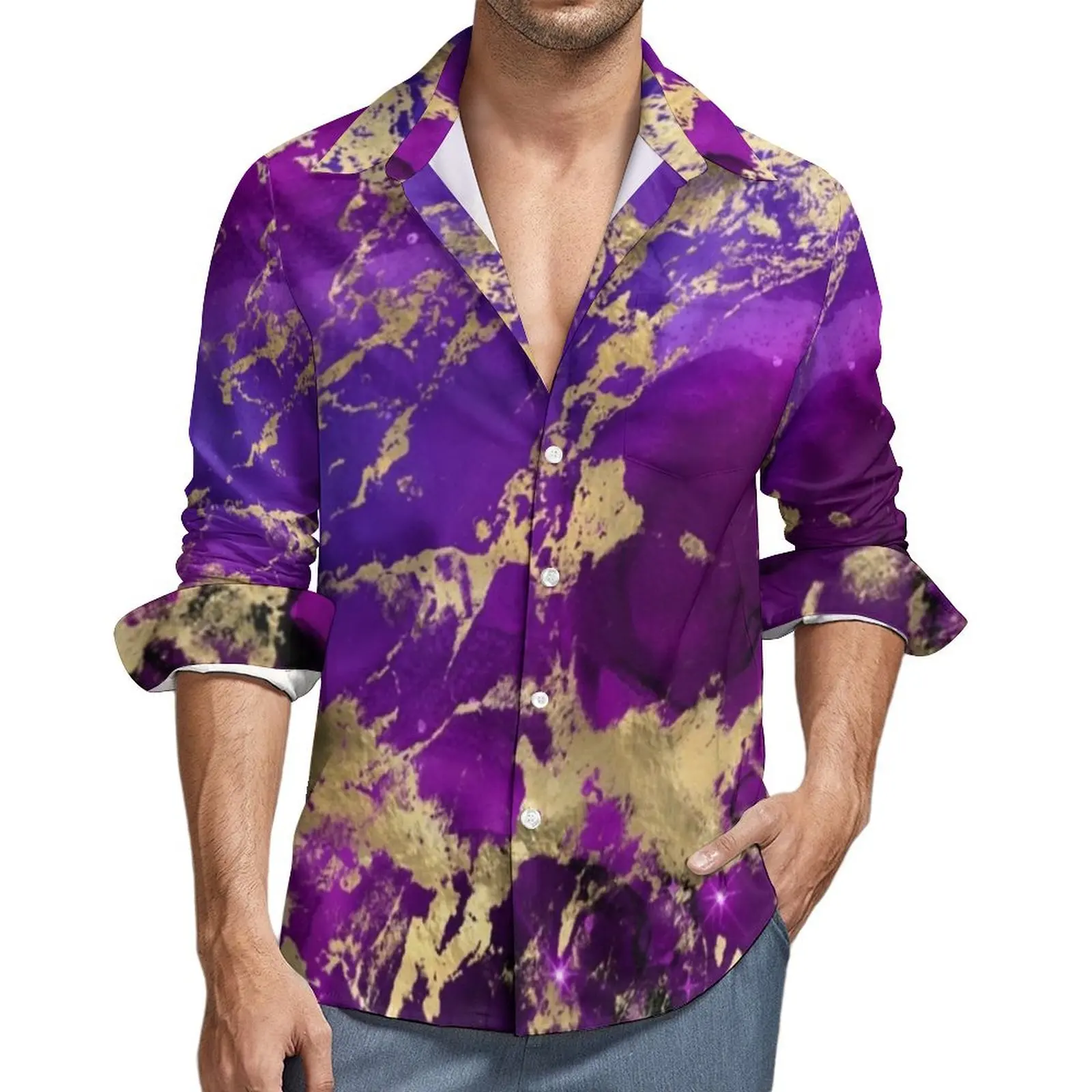 Purple And Gold Splash Shirt Autumn Marble Galaxy Casual Shirts Man Classic Blouse Long Sleeve Graphic Comfortable Tops Big Size