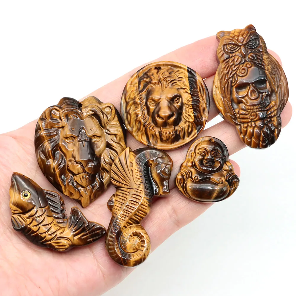 Natural Stone Tiger Eye Lion Carving Decor Gemstone Animal Polished Divination Healing Crystal Luck Amulet for DIY Jewelry Gift