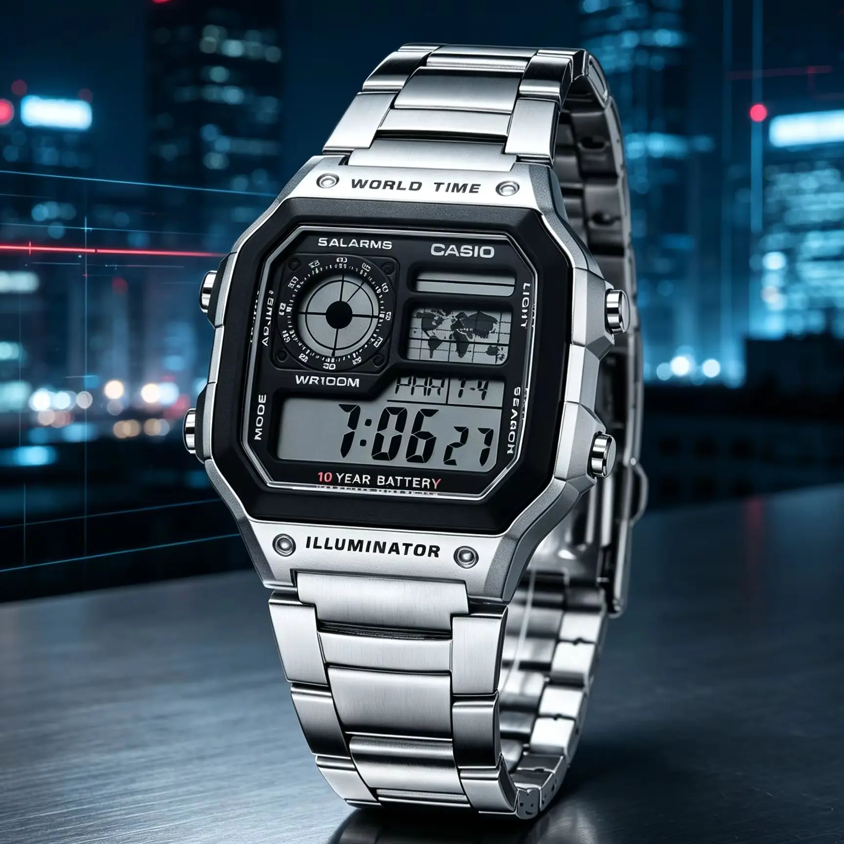 Casio AE‑1200WHD Series | Men Digital Watch | Steel Band | 100M Water Resistant | 10‑Year Battery | World Time