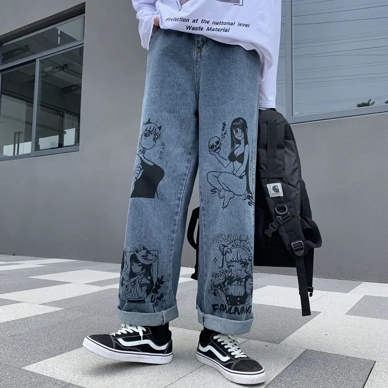 Autumn Korean American retro cartoon graffiti print jeans men and women trendy streetwear hip hop leg pants