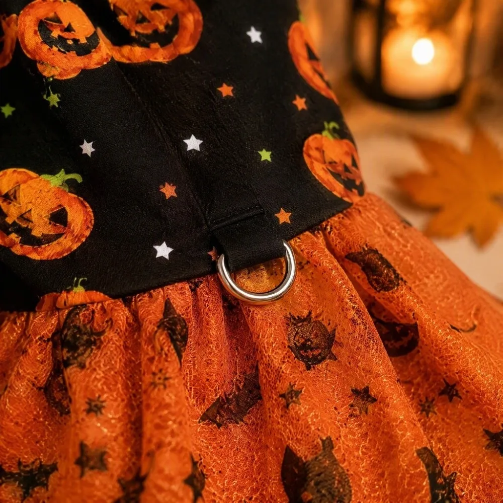 Breathable Halloween Pet Dress Color-blocking Comfortable Dog Pumpkin Print Dress Soft Halloween Dog Clothes All-Season