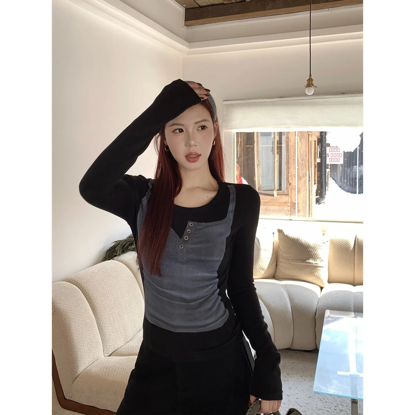 

Женский флисовый свитер с длинными рукавами и круглым вырезом, имитация двухслойности, облегающий крой, осенне-зимняя мода, вязаный, в стиле слим-фит