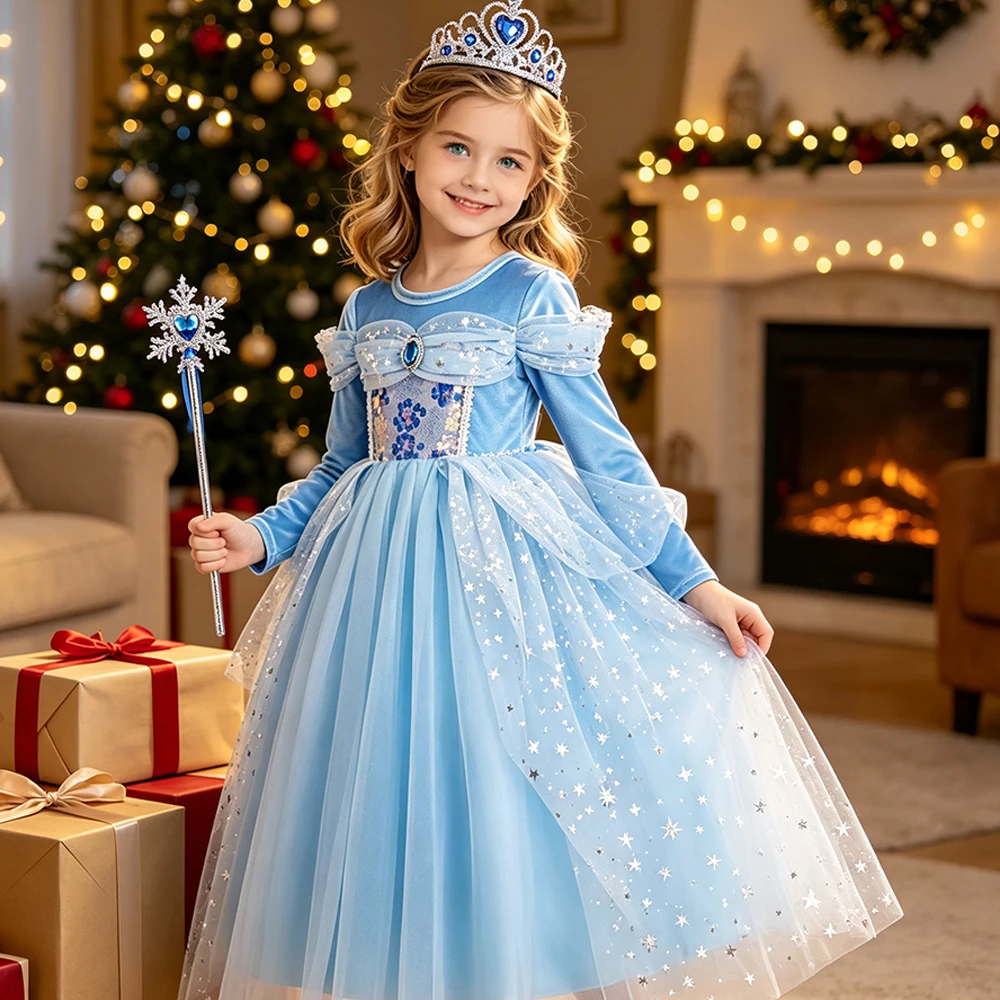 Mädchen Cinderella Blaues Pailletten-Prinzessinnenkleid mit Langen Ärmeln, Krone, Halskette und Komplettem Zubehör-Set als Geburtstagsgeschenk für Kinder – Detail 13