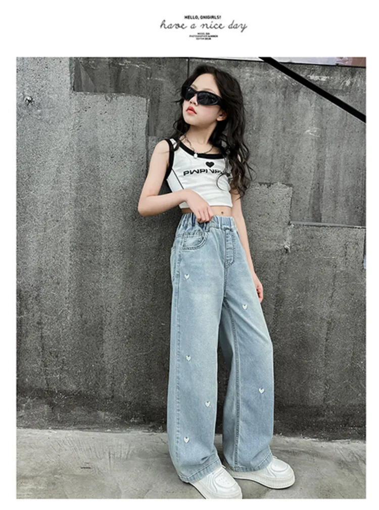 Neue Sommer-Jeans für Mädchen, leicht und atmungsaktiv, mit kleiner Herz-Stickerei, mückensichere Hose für Teenager-Mädchen im Alter von 4 bis 14 Jahren – Detail 16