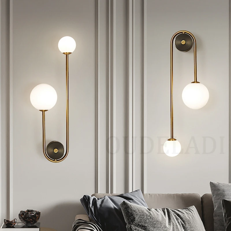 Nordic Bedside Glass Ball LED Luz de parede, quarto, sala, escadaria, corredor, decoração moderna de bronze, TV Lâmpadas de parede