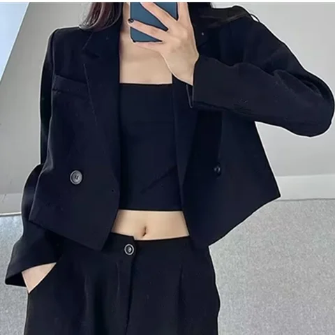 

Women'S Cropped Coat New In External Clothes Crop Blazer Woman Autumn High-Quality Sun-Proof Back-Slit Aesthetic Sleeved Ins