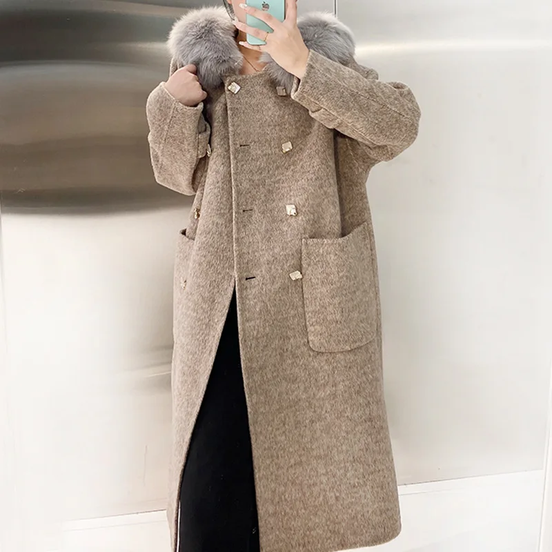 Autumn and Winter 2023 New Long Wool Fox Fur Collar Coat Women's Extended Double Face Denim All Wool Coat