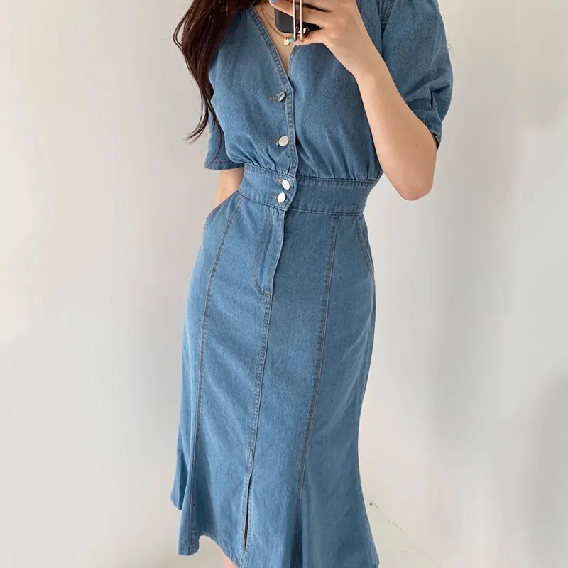 Women Summer Retro Midi Denim Dress Solid V Neck Button Sexy Split Slim Dress Korean Elegant Streetwear Ruched Dress