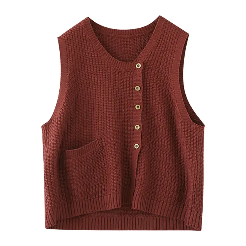 Women Vintage Round Neck Single Breasted Sleeveless Knitted Cardigan Vest Casual Solid Loose Pocket All Match Waistcoat Clothes