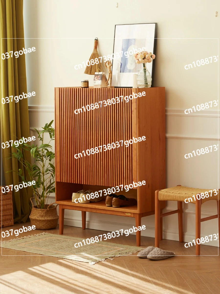 Solid Wood Shoe Cabinet Cherrywood Retro Doorway Locker Nordic and Japanese Style Small Apartment Entrance Cabinet