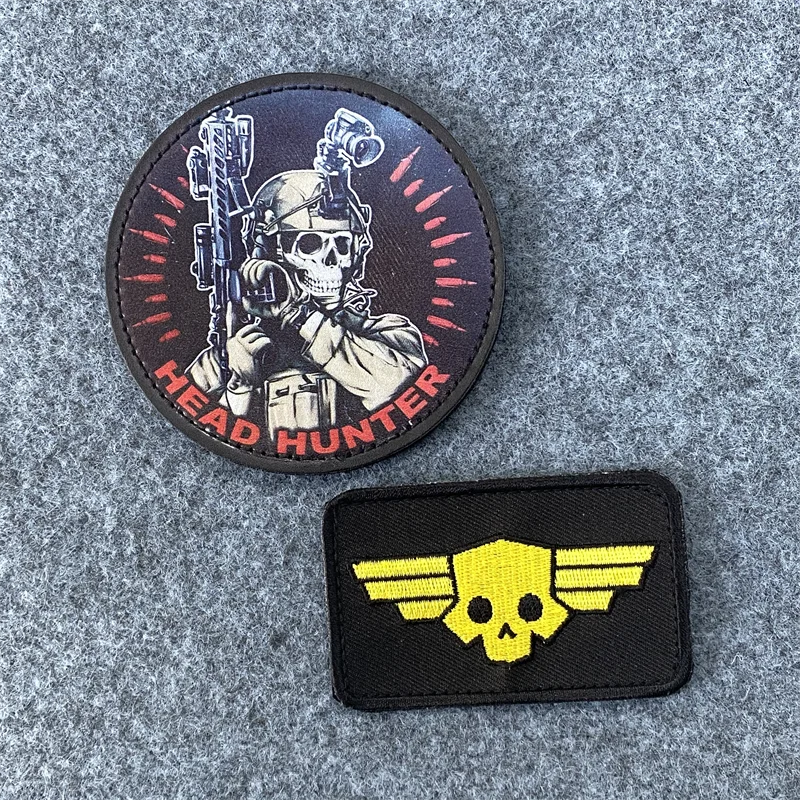 Head Hunter Skull Print Patch Yellow Skull Embroidery Insignia Military Tactical Armband Hook and Loop Backpack Clothes Patches