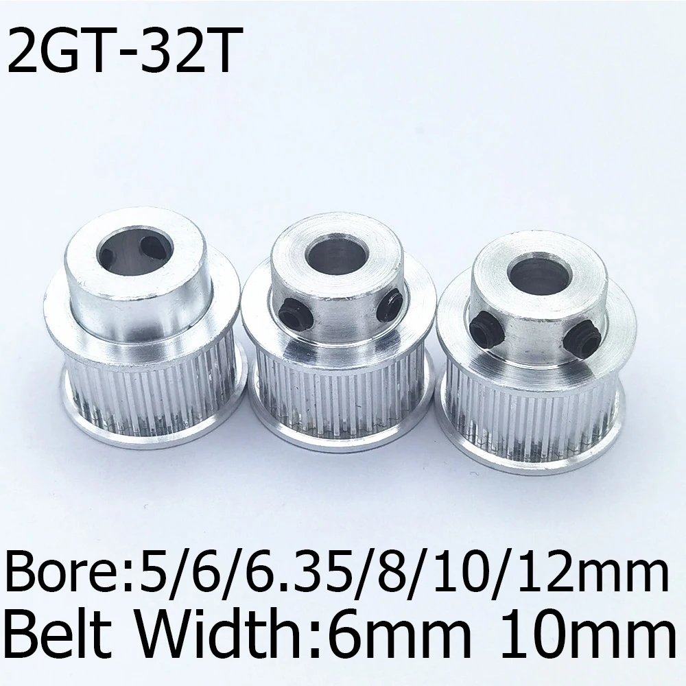 2GT 32 Teeth Timing Pulley Bore 5 6 6.35 8 10 12mm Fit Belt Width 6mm 10mm  Aluminum 3D CNC Printer Part