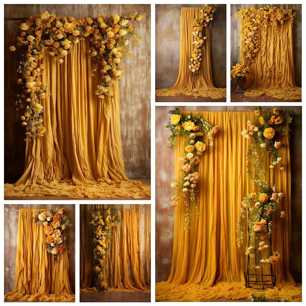 

Photography Background Yellow Curtain Flower Wall Birthday Wedding Pregnant Woman Portrait Decoration Background Photo Studio