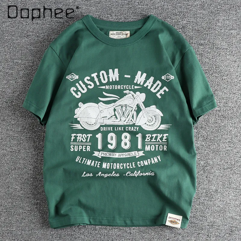 Summer New American Street Style Men's Locomotive Letter Printing Green White Dark Blue Loose Round Neck Short-sleeved T-shirt