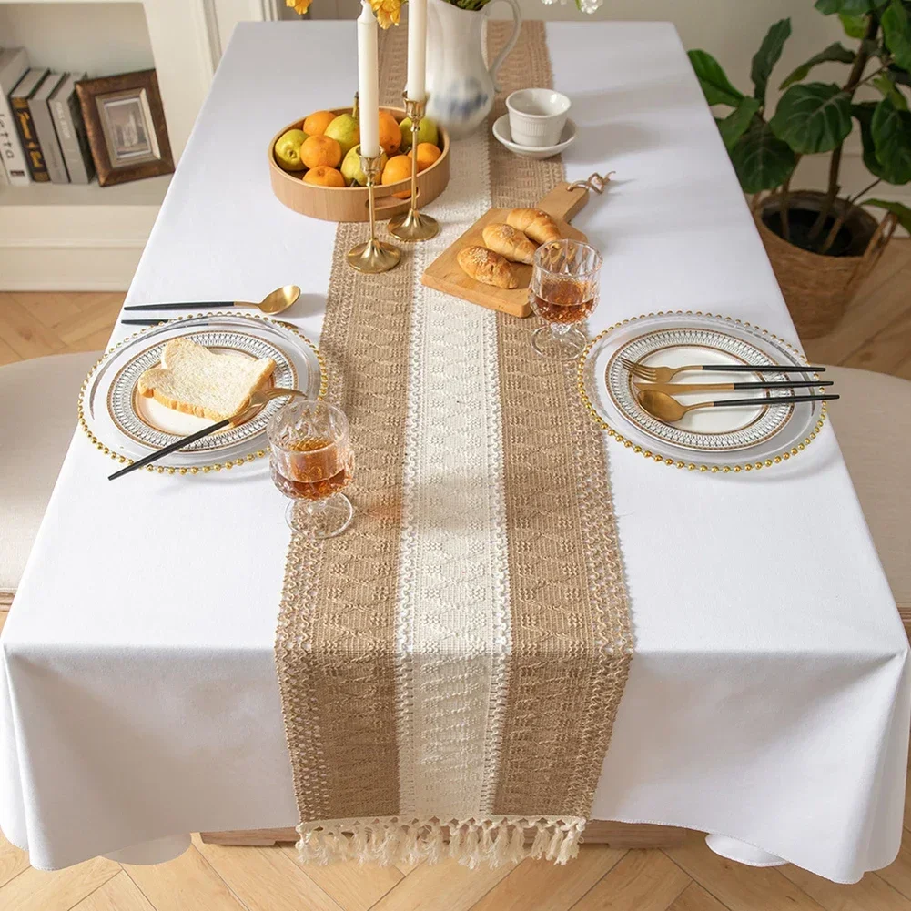 Hand-Woven Hollow Tassel Table Runner Tablecloth Cotton And Linen Wedding Decor Nordic Romance Wedding Party Table Cover